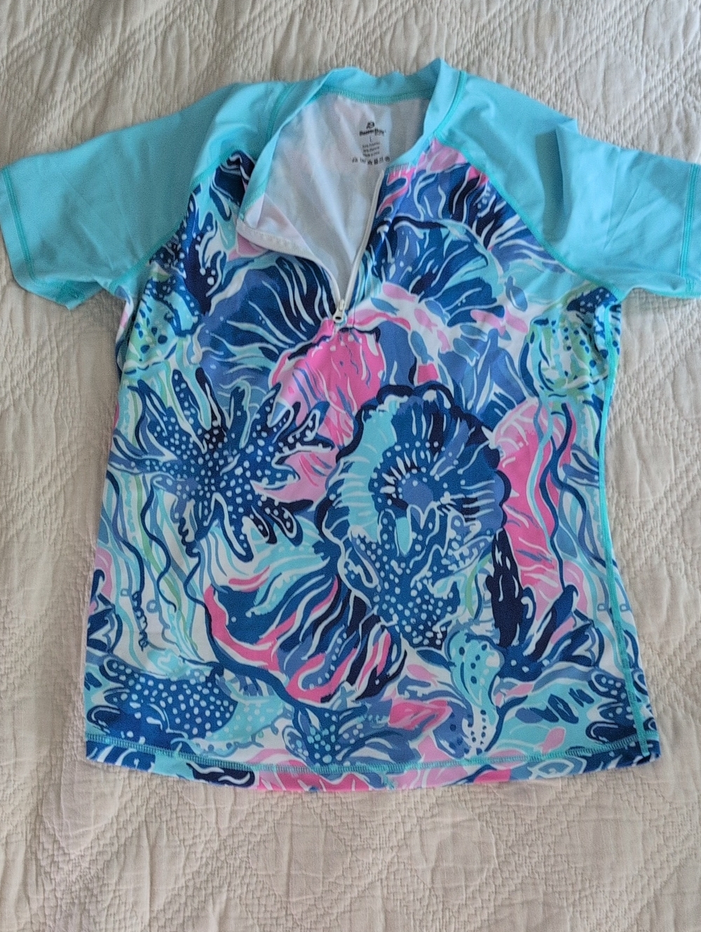 Women's Zip-Front Rash Guard Swim Top - Light Blue Floral Print